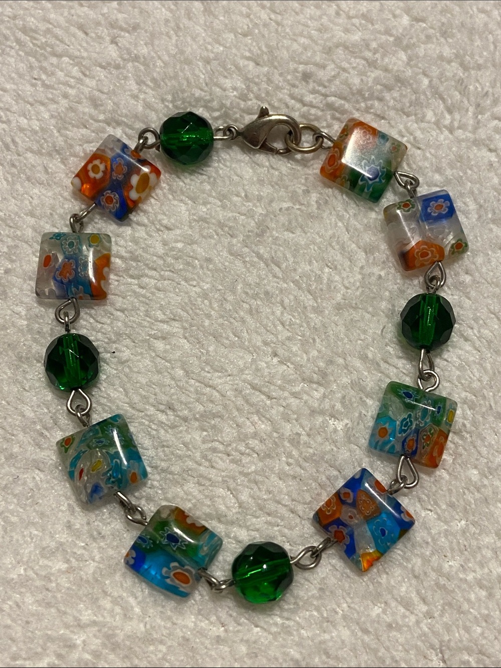 Murano Style Green and Multicolor Millefiori Glass Bead Bracelet